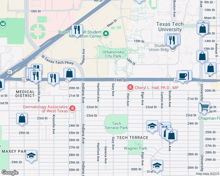 map of restaurants, bars, coffee shops, grocery stores, and more near 3215 19th Street in Lubbock