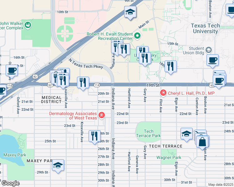 map of restaurants, bars, coffee shops, grocery stores, and more near 3323 19th Street in Lubbock