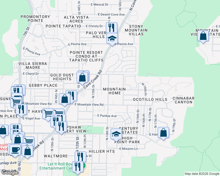 map of restaurants, bars, coffee shops, grocery stores, and more near 1416 East Brown Street in Phoenix