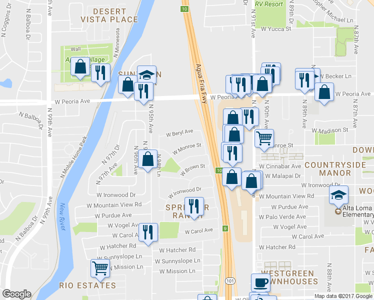 map of restaurants, bars, coffee shops, grocery stores, and more near 10246 93rd Drive in Peoria