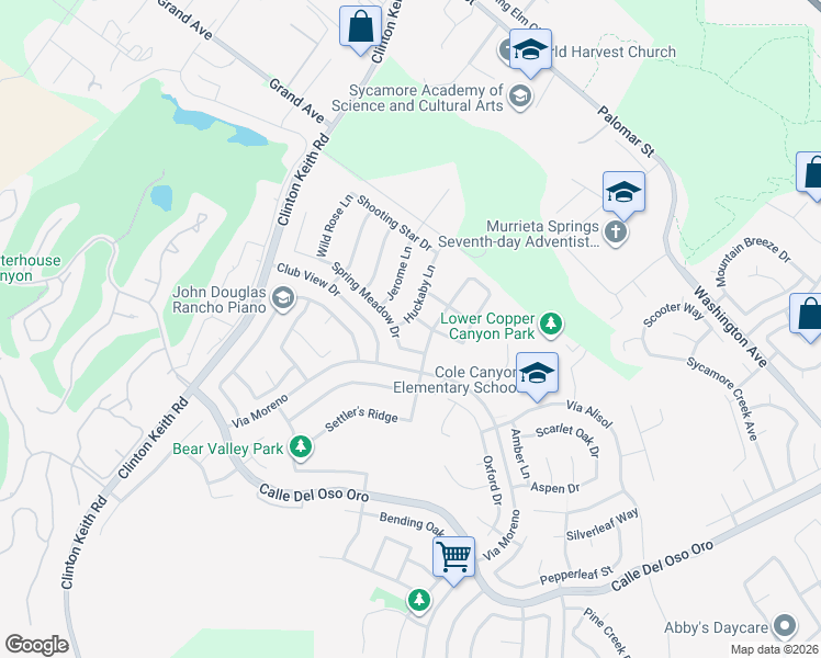 map of restaurants, bars, coffee shops, grocery stores, and more near 37381 Huckaby Lane in Murrieta