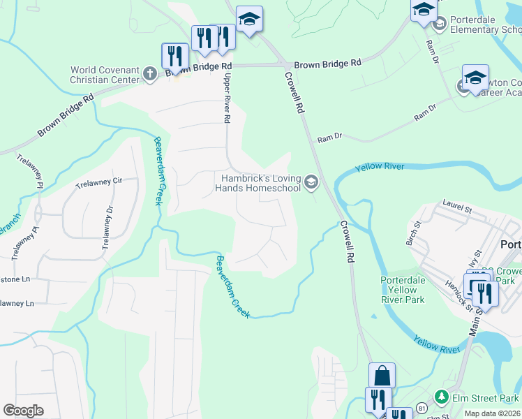 map of restaurants, bars, coffee shops, grocery stores, and more near 325 Woodland Ridge Circle in Covington
