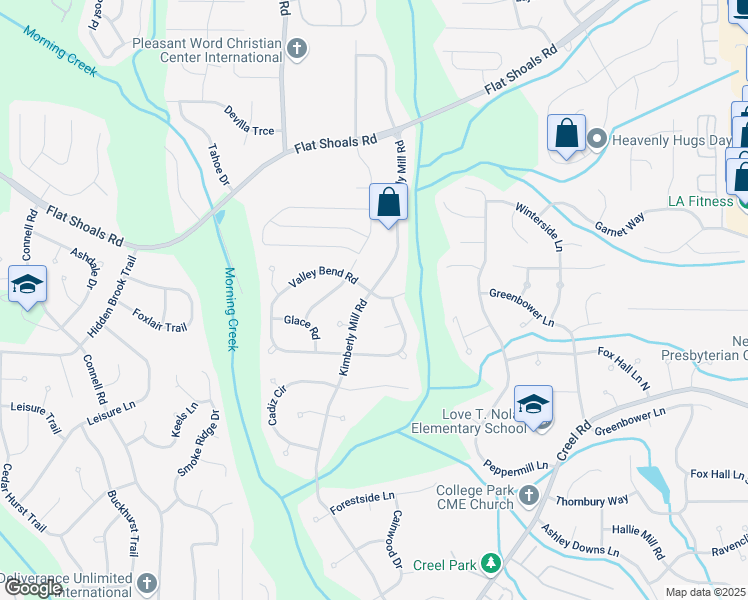 map of restaurants, bars, coffee shops, grocery stores, and more near 6570 Kimberly Mill Road in Atlanta