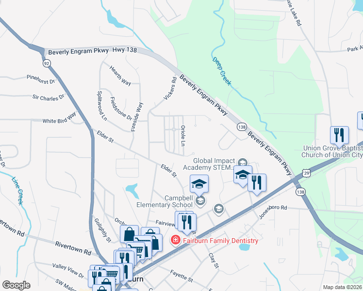 map of restaurants, bars, coffee shops, grocery stores, and more near 4075 Oriole Lane in Fairburn