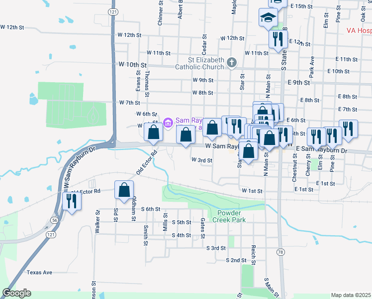 map of restaurants, bars, coffee shops, grocery stores, and more near 700 West Sam Rayburn Drive in Bonham