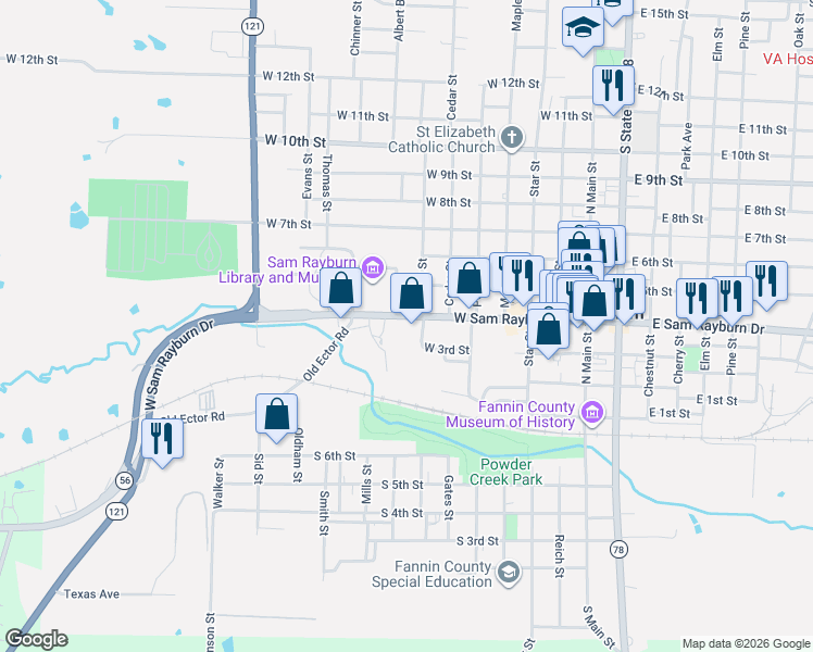 map of restaurants, bars, coffee shops, grocery stores, and more near 700 West Sam Rayburn Drive in Bonham