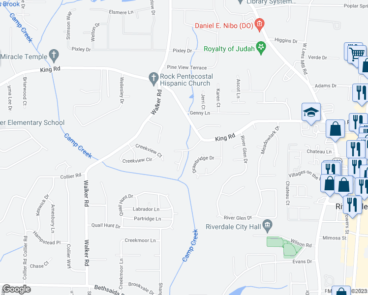 map of restaurants, bars, coffee shops, grocery stores, and more near 1173 Round Table Lane in Riverdale