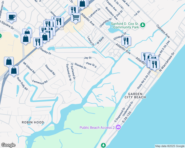 map of restaurants, bars, coffee shops, grocery stores, and more near 316 Stanley Drive in Murrells Inlet