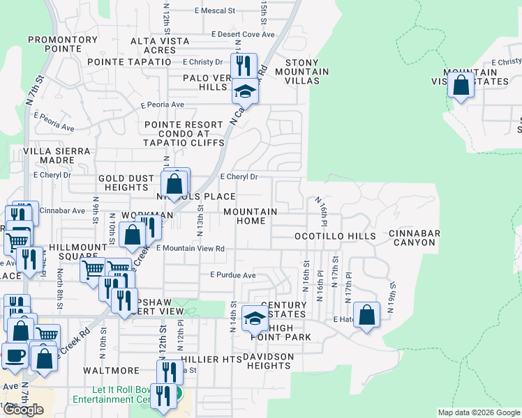 map of restaurants, bars, coffee shops, grocery stores, and more near 1436 East Cinnabar Avenue in Phoenix