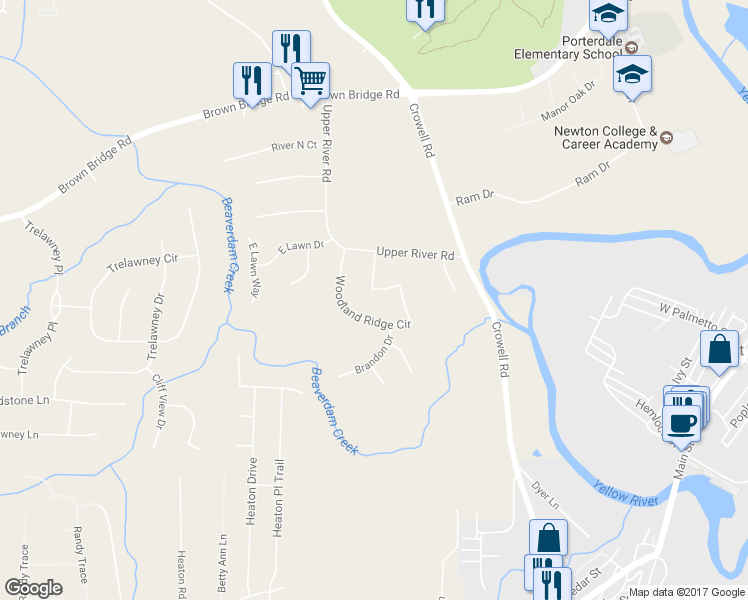 map of restaurants, bars, coffee shops, grocery stores, and more near 325 Woodland Ridge Circle in Covington