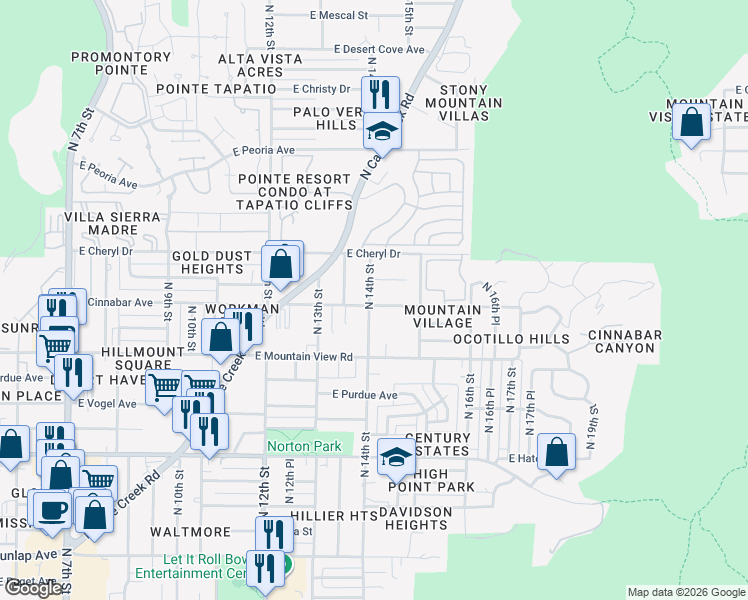 map of restaurants, bars, coffee shops, grocery stores, and more near 1416 East Brown Street in Phoenix