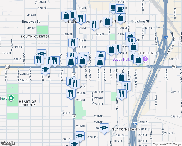 map of restaurants, bars, coffee shops, grocery stores, and more near 2001-2099 Avenue P in Lubbock