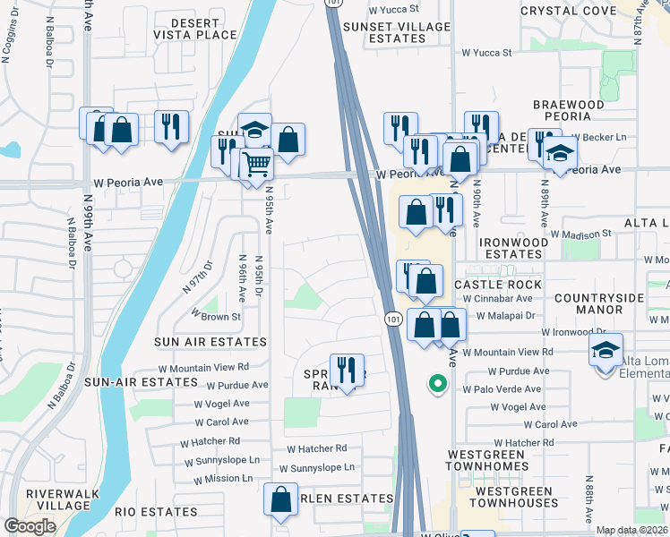 map of restaurants, bars, coffee shops, grocery stores, and more near 10246 93rd Drive in Peoria
