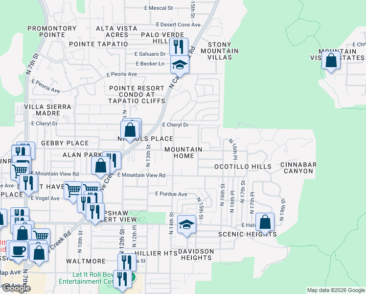 map of restaurants, bars, coffee shops, grocery stores, and more near 1416 East Cinnabar Avenue in Phoenix