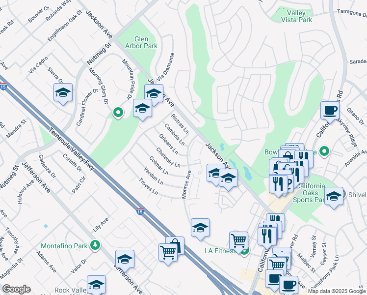 map of restaurants, bars, coffee shops, grocery stores, and more near 24087 Cambria Lane in Murrieta