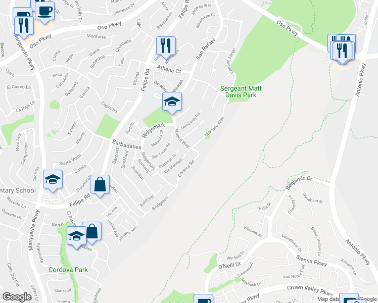 map of restaurants, bars, coffee shops, grocery stores, and more near 26562 Via Mondelo in Mission Viejo