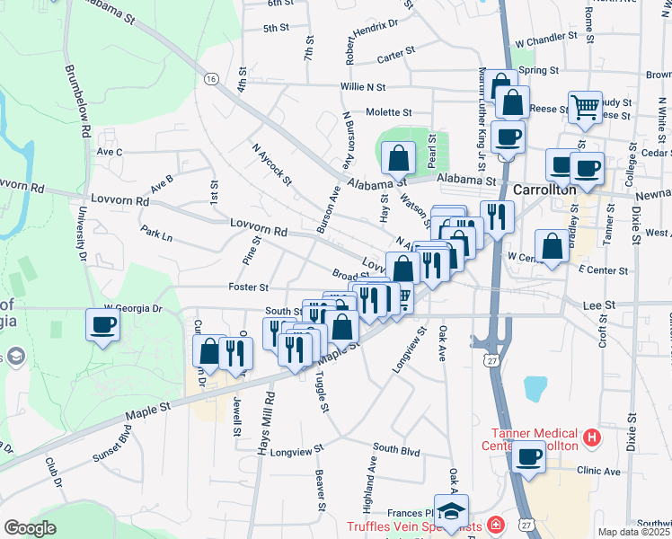 map of restaurants, bars, coffee shops, grocery stores, and more near 219 Broad Street in Carrollton