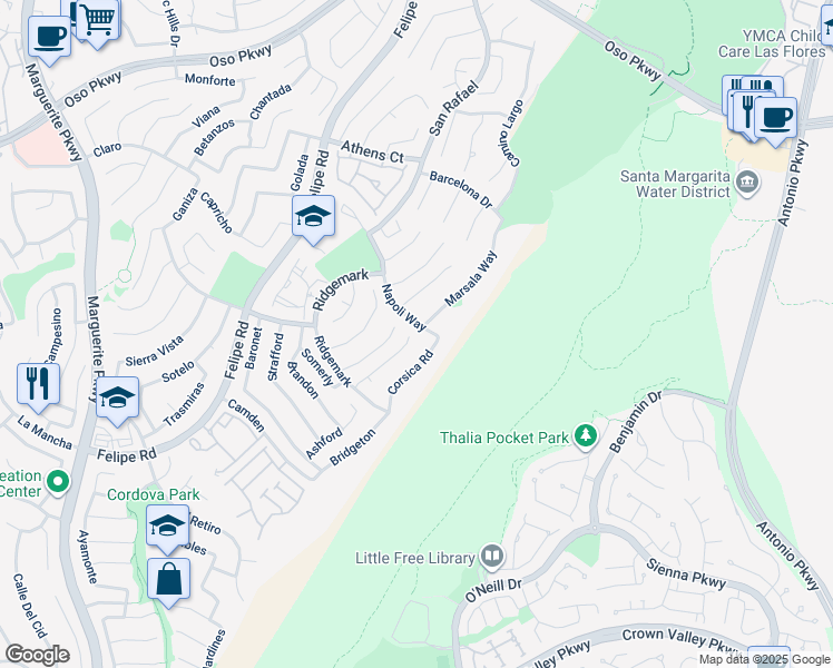 map of restaurants, bars, coffee shops, grocery stores, and more near 26562 Via Mondelo in Mission Viejo