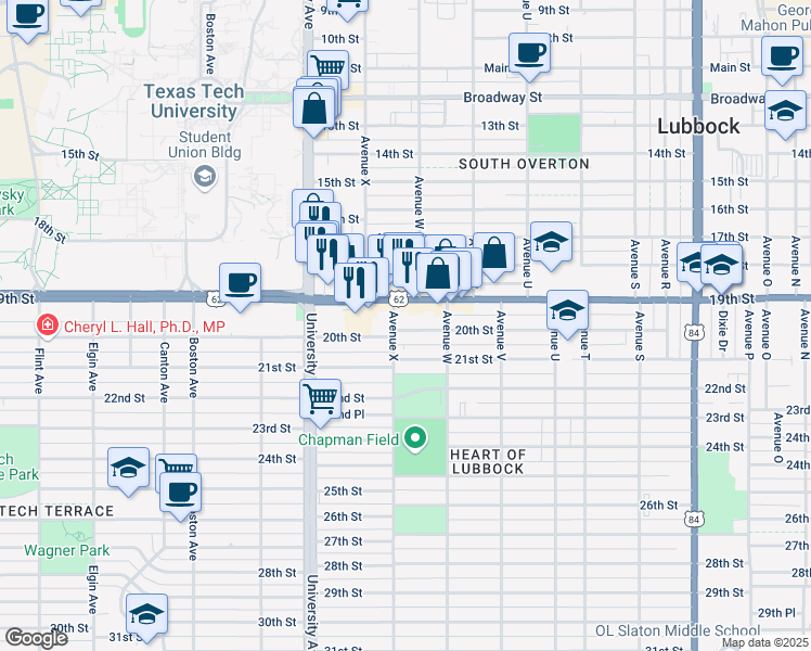map of restaurants, bars, coffee shops, grocery stores, and more near 2339 19th Street in Lubbock