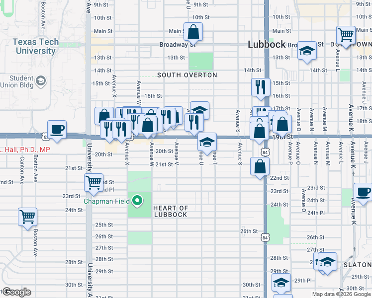 map of restaurants, bars, coffee shops, grocery stores, and more near 2125 19th Street in Lubbock