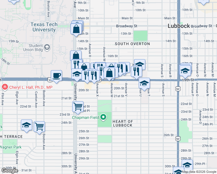 map of restaurants, bars, coffee shops, grocery stores, and more near 1901 Avenue West in Lubbock