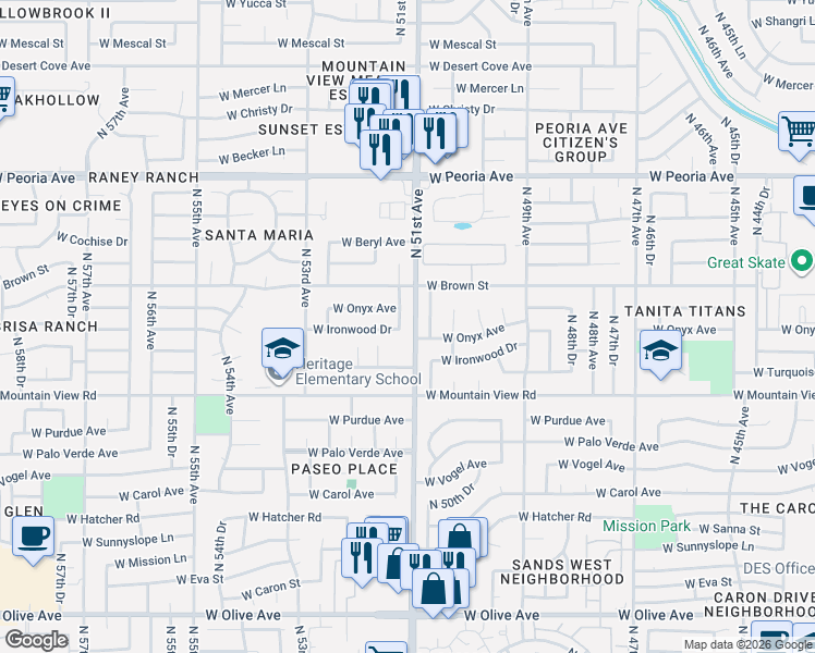 map of restaurants, bars, coffee shops, grocery stores, and more near 10026 North 50th Drive in Glendale