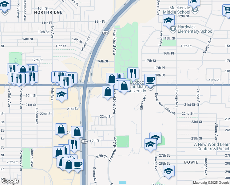 map of restaurants, bars, coffee shops, grocery stores, and more near in Lubbock