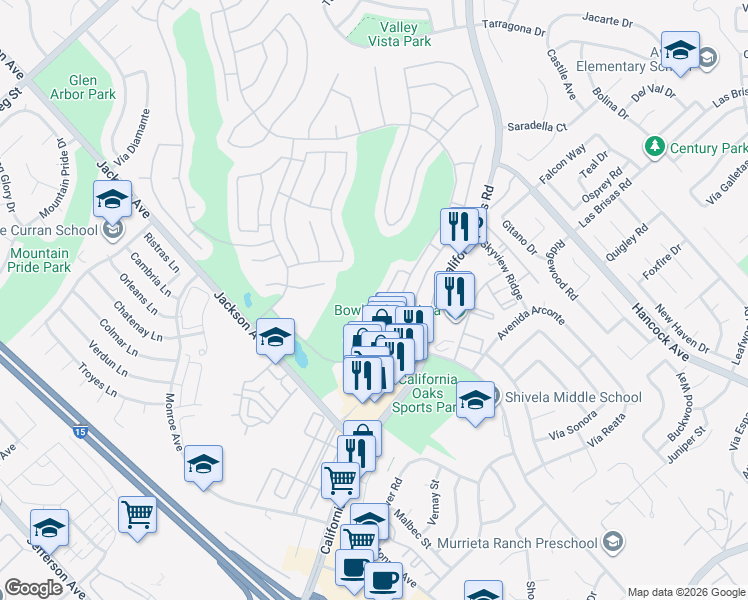 map of restaurants, bars, coffee shops, grocery stores, and more near 40511 Vía Amapola in Murrieta