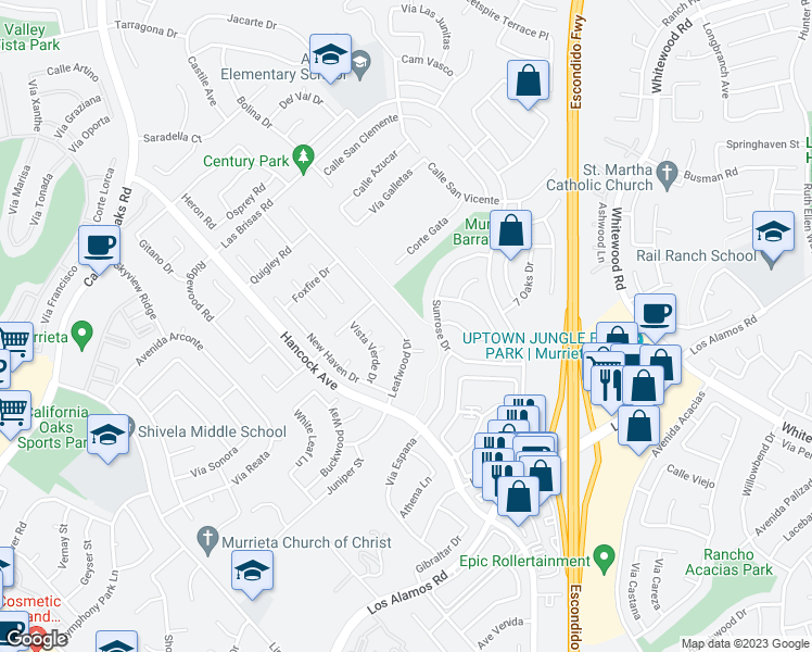 map of restaurants, bars, coffee shops, grocery stores, and more near 24650 Leafwood Drive in Murrieta