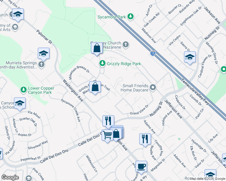 map of restaurants, bars, coffee shops, grocery stores, and more near 23644 Adams Avenue in Murrieta