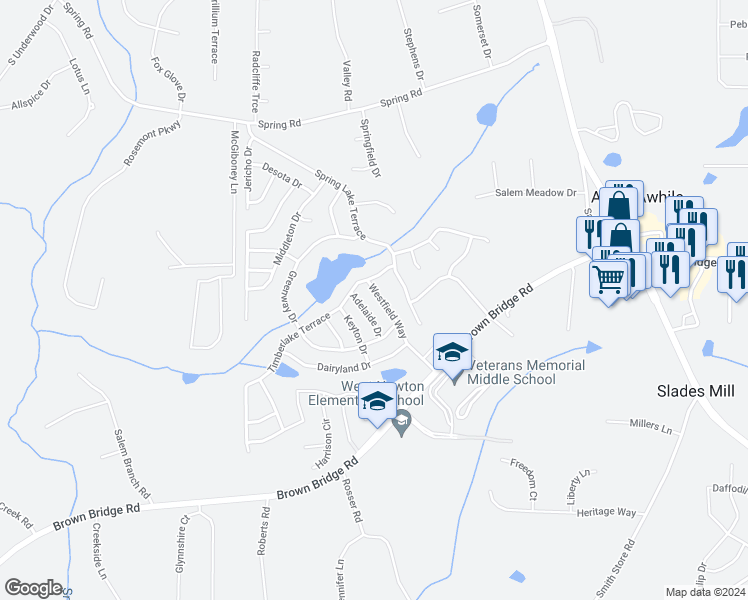 map of restaurants, bars, coffee shops, grocery stores, and more near 40 Westfield Way in Covington