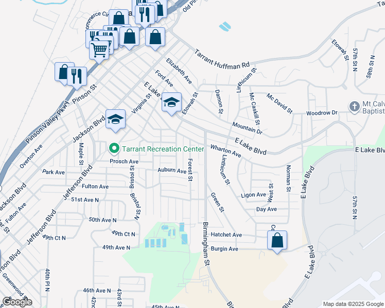 map of restaurants, bars, coffee shops, grocery stores, and more near 1233 Forest Street in Birmingham