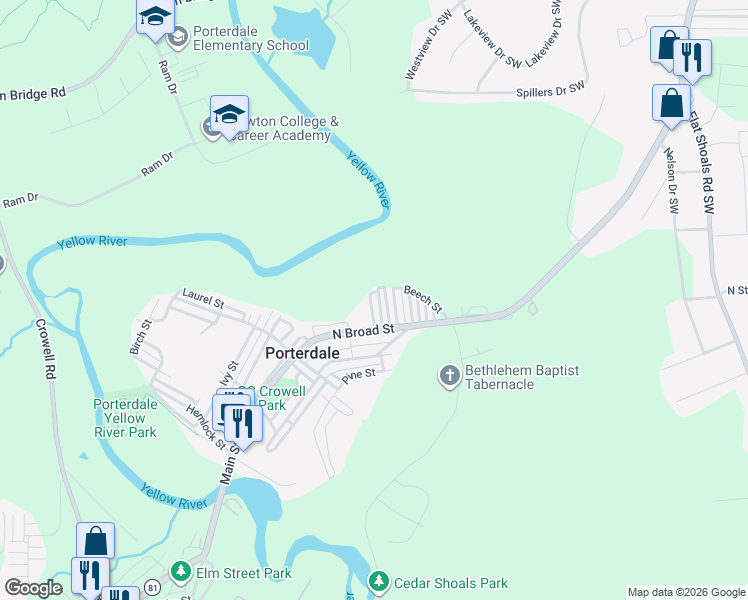 map of restaurants, bars, coffee shops, grocery stores, and more near 14 Spruce Street in Porterdale