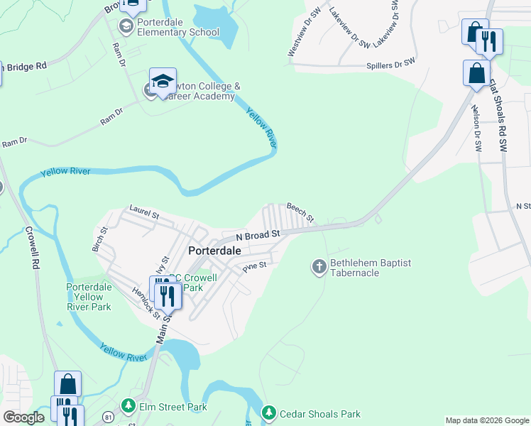map of restaurants, bars, coffee shops, grocery stores, and more near 14 Spruce Street in Porterdale