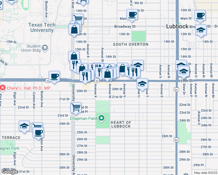 map of restaurants, bars, coffee shops, grocery stores, and more near 2302 20th Street in Lubbock
