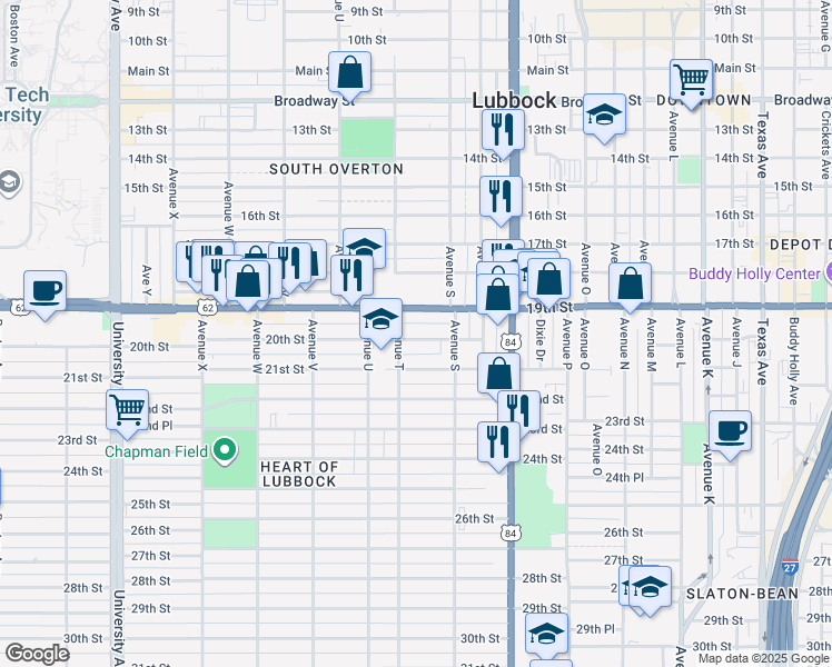 map of restaurants, bars, coffee shops, grocery stores, and more near 1929 19th Street in Lubbock