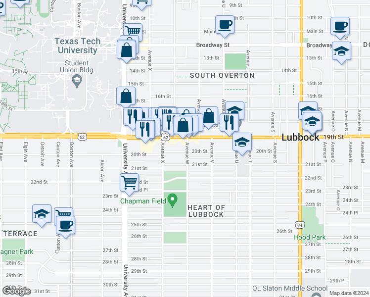 map of restaurants, bars, coffee shops, grocery stores, and more near 1901 Avenue W in Lubbock