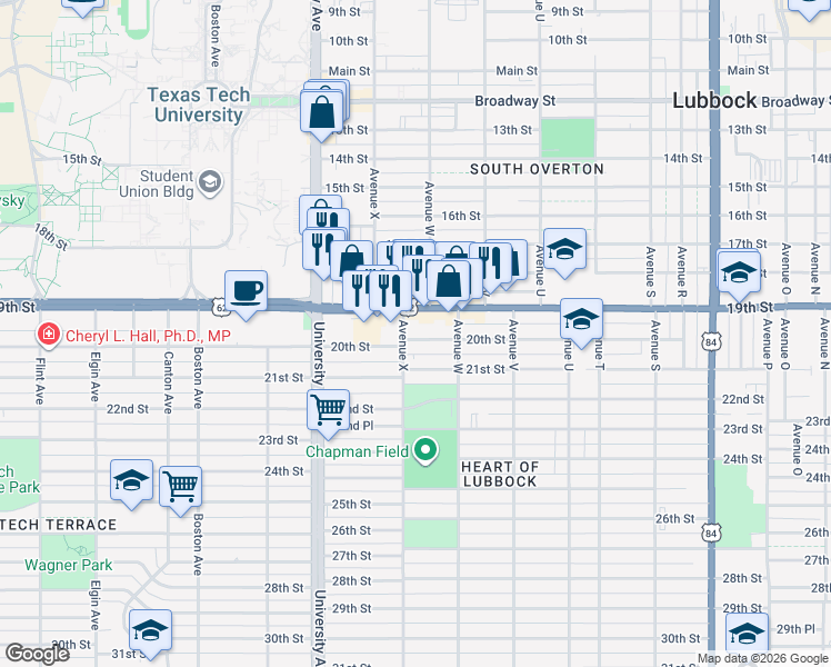 map of restaurants, bars, coffee shops, grocery stores, and more near 2339 19th Street in Lubbock