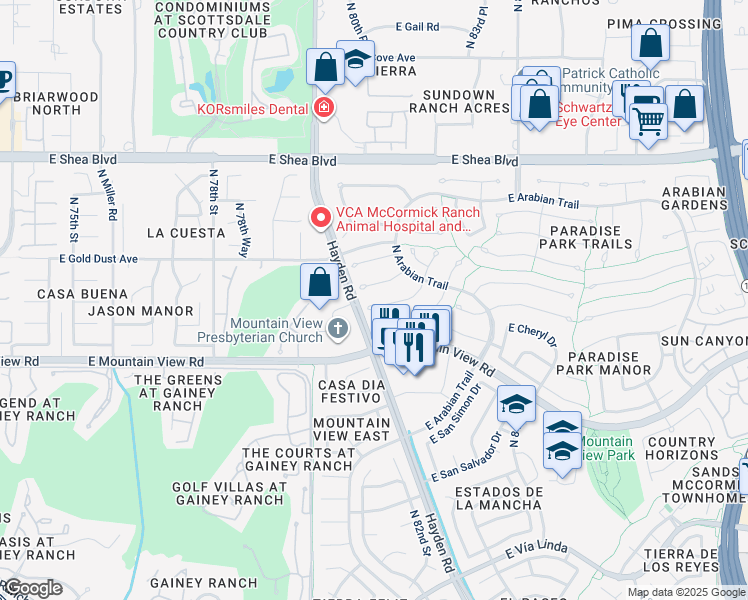 map of restaurants, bars, coffee shops, grocery stores, and more near 8107 East Naseem Trail in Scottsdale