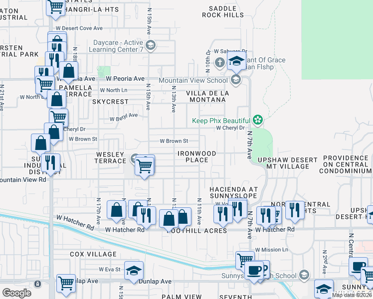 map of restaurants, bars, coffee shops, grocery stores, and more near 1111 West Brown Street in Phoenix