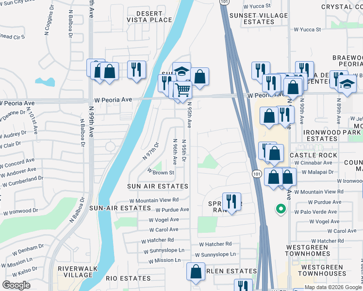 map of restaurants, bars, coffee shops, grocery stores, and more near 10216 North 95th Drive in Peoria