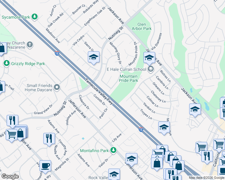 map of restaurants, bars, coffee shops, grocery stores, and more near 41175 Mountain Pride Drive in Murrieta