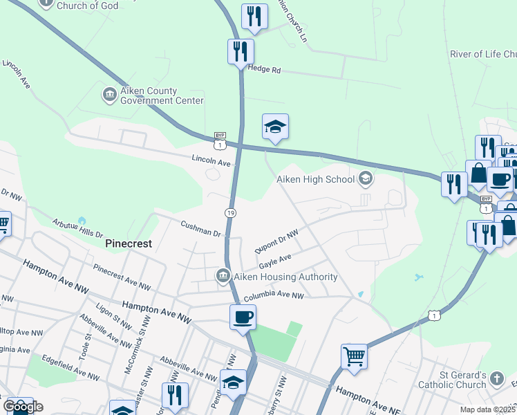 map of restaurants, bars, coffee shops, grocery stores, and more near 830 Laurens Street Northwest in Aiken