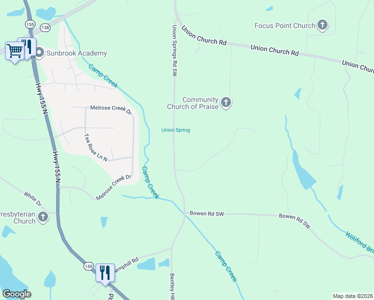 map of restaurants, bars, coffee shops, grocery stores, and more near 4168 Union Springs Road Southwest in Stockbridge
