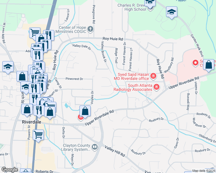 map of restaurants, bars, coffee shops, grocery stores, and more near 365 Riverbrook Court in Riverdale