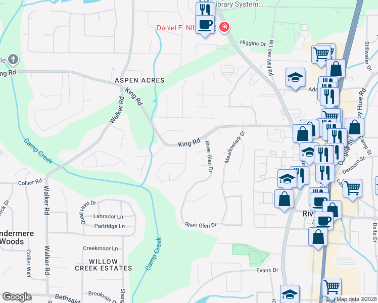 map of restaurants, bars, coffee shops, grocery stores, and more near 1072 Drawbridge Drive in Riverdale
