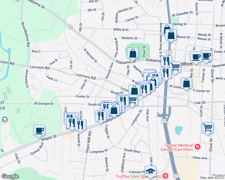 map of restaurants, bars, coffee shops, grocery stores, and more near 219 Broad Street in Carrollton