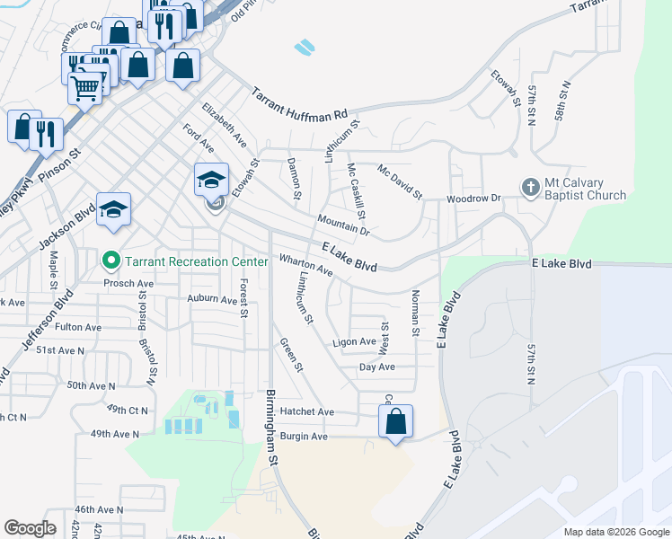 map of restaurants, bars, coffee shops, grocery stores, and more near 1733 East Lake Boulevard in Birmingham
