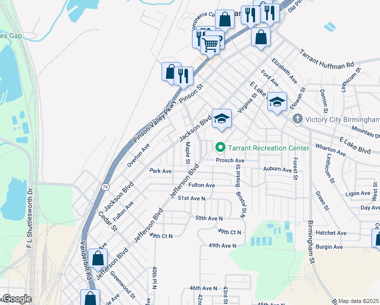 map of restaurants, bars, coffee shops, grocery stores, and more near 1260 Elm Avenue in Birmingham