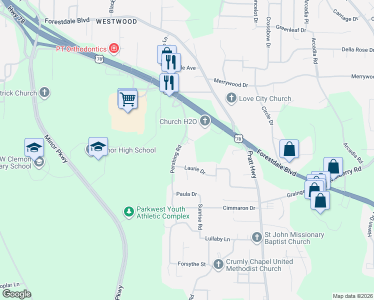 map of restaurants, bars, coffee shops, grocery stores, and more near 2200 Pershing Road in Birmingham